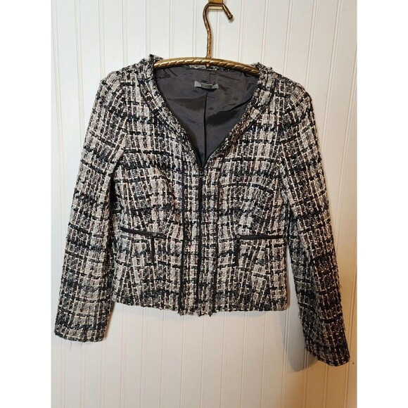 Ann Taylor Tweed Boucle Wool Blazer Women’s 8 Black Grey Blue Jacket Zip Office - Picture 3 of 8